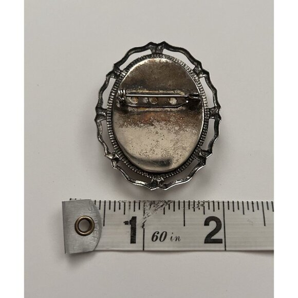 Vintage Cameo Brooch Pin Silver Tone Lady Face Bird Floral - Picture 2 of 4